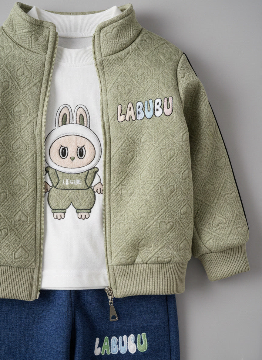 Labubu 3-Piece Kids' Set - Textured Jacket, Printed T-shirt & Casual Pants