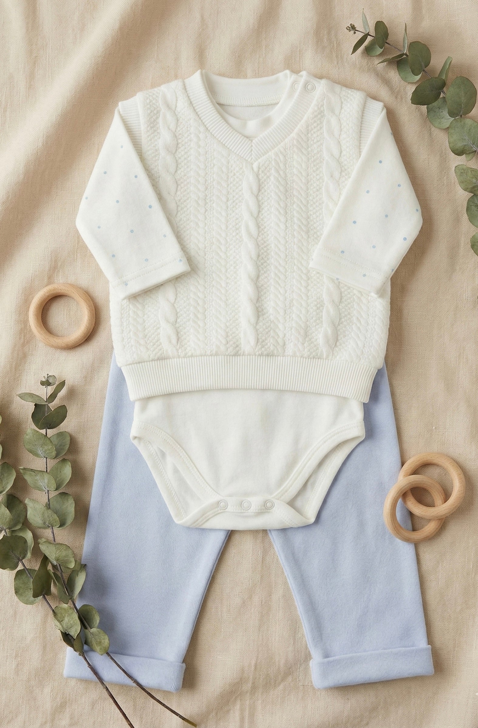 Baby Boy 3-Piece Outing Set (Cable Knit Vest + Polka Dot Bodysuit + Pants)