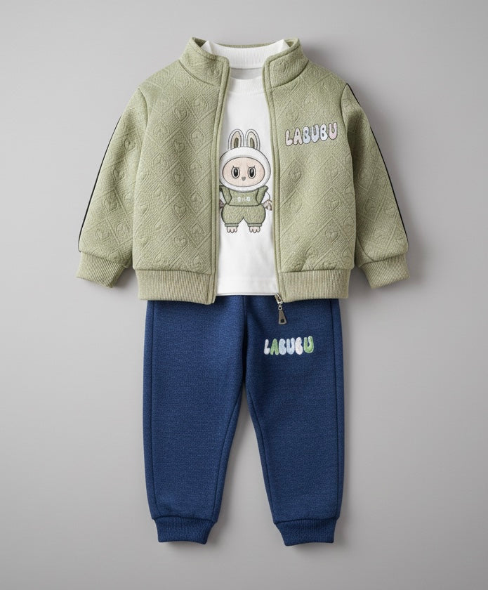Labubu 3-Piece Kids' Set - Textured Jacket, Printed T-shirt & Casual Pants