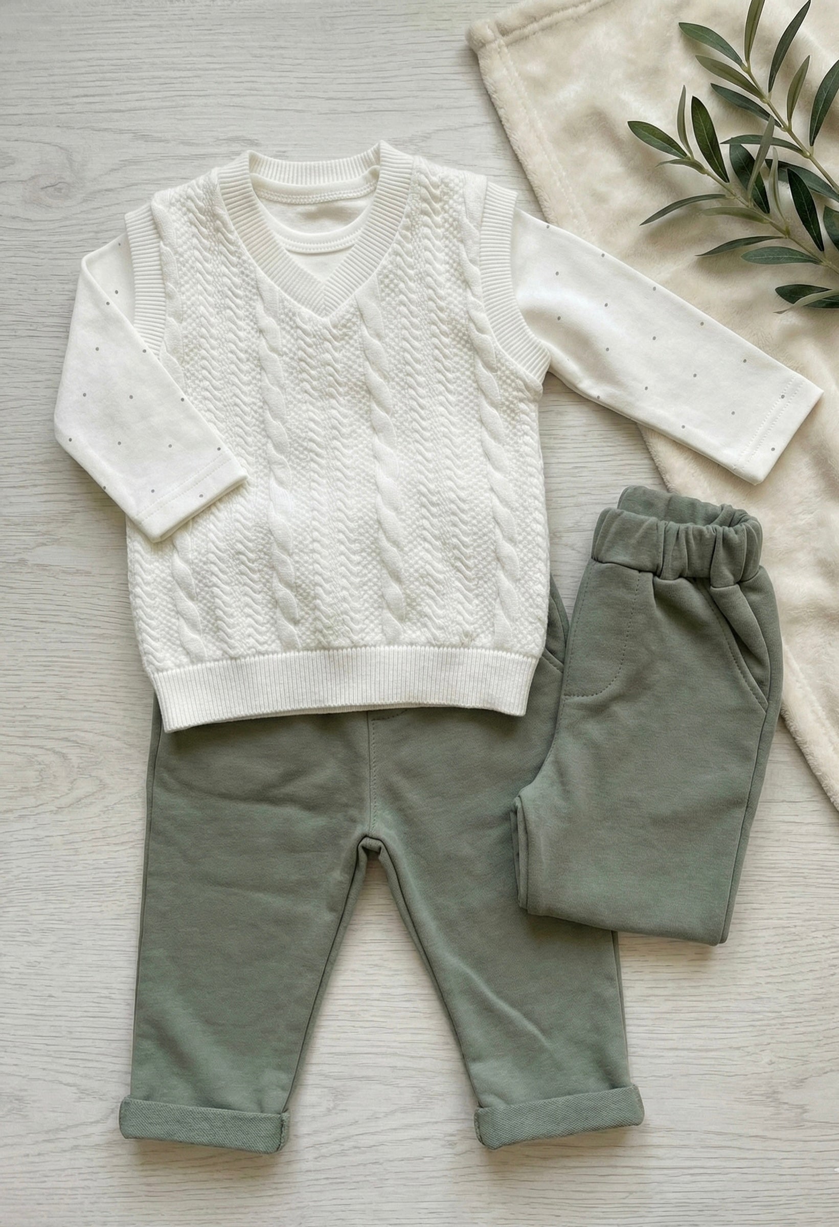 Baby Boy 3-Piece Outing Set (Cable Knit Vest + Polka Dot Bodysuit + Pants)