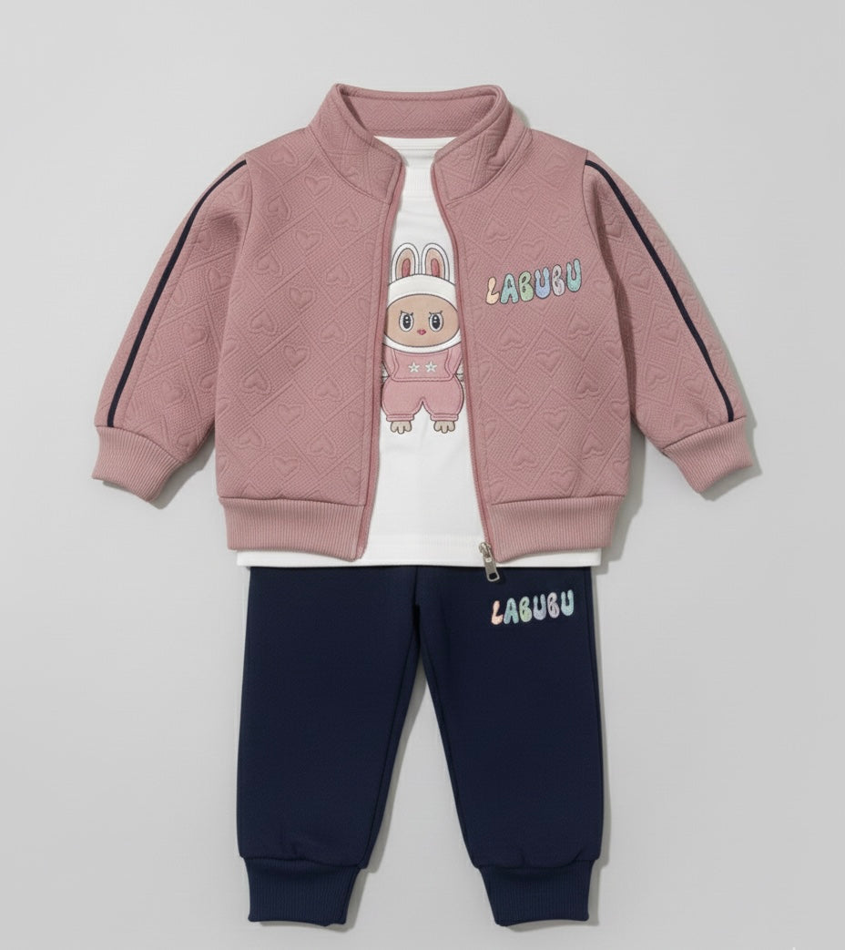 Labubu 3-Piece Kids' Set - Textured Jacket, Printed T-shirt & Casual Pants