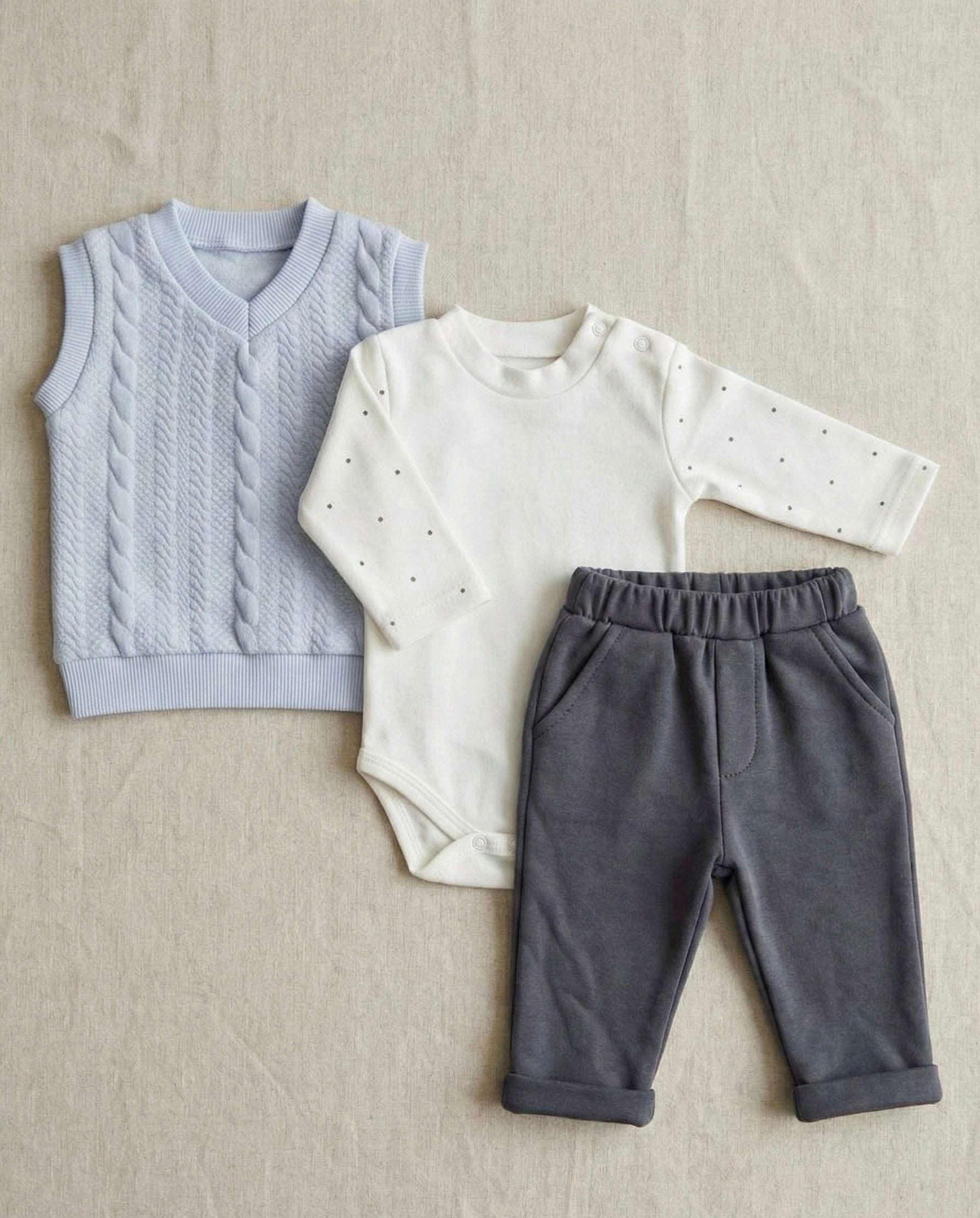 Baby Boy 3-Piece Outing Set (Cable Knit Vest + Polka Dot Bodysuit + Pants)